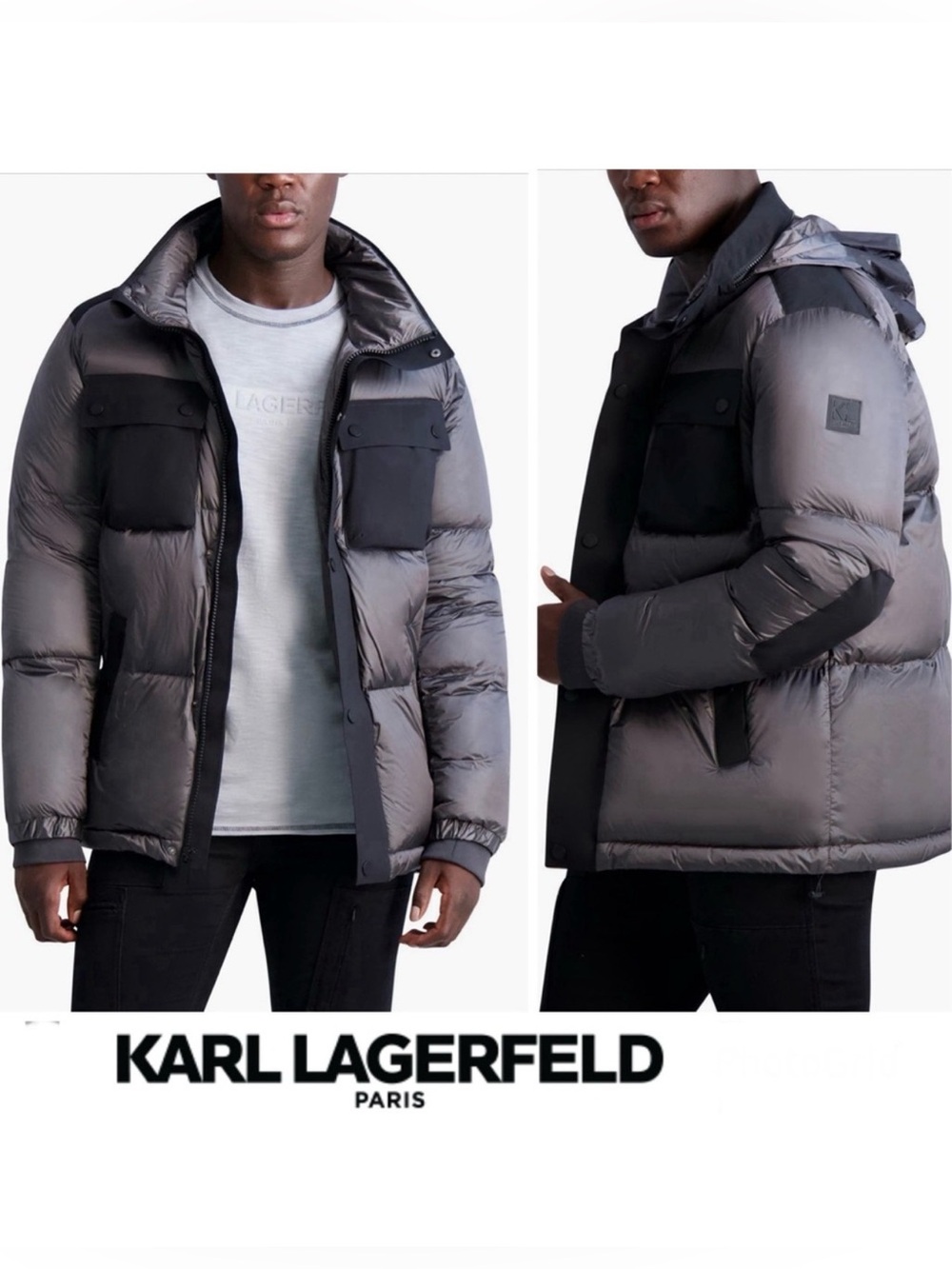KARL LAGERFELD Paris Gray Black Down Feather Hooded Collar Jacket Puffer Sz L